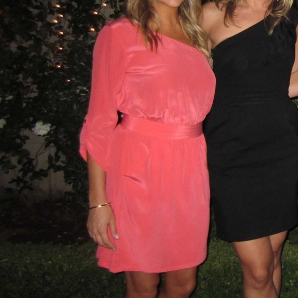 Charlie Jade Coral Pink Silk One Shoulder Cocktail Dress - Picture 2 of 11